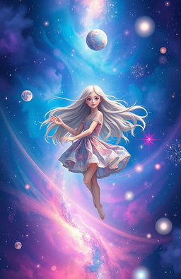 A girl gracefully floating in a colorful galaxy, surrounded by stars and nebulae