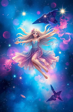 A girl gracefully floating in a colorful galaxy, surrounded by stars and nebulae