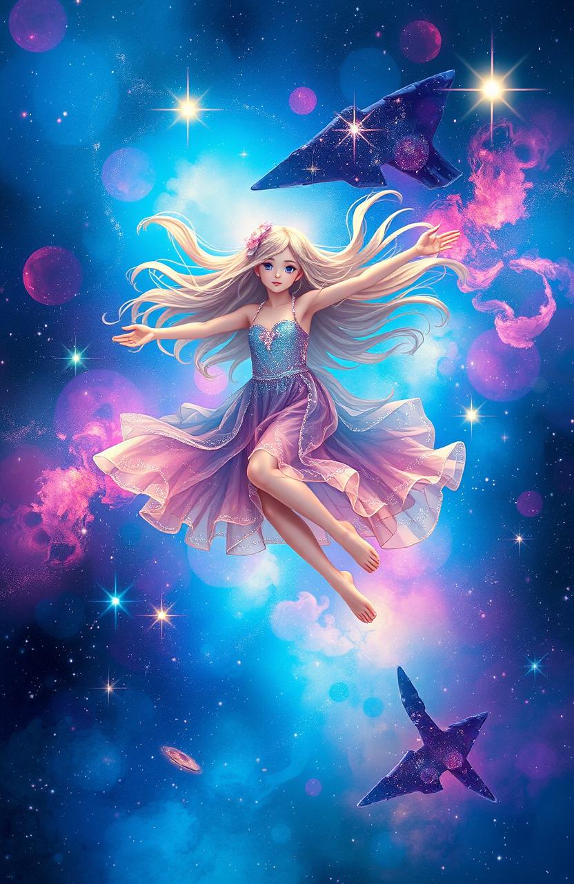 A girl gracefully floating in a colorful galaxy, surrounded by stars and nebulae