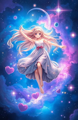 A girl gracefully floating in a colorful galaxy, surrounded by stars and nebulae