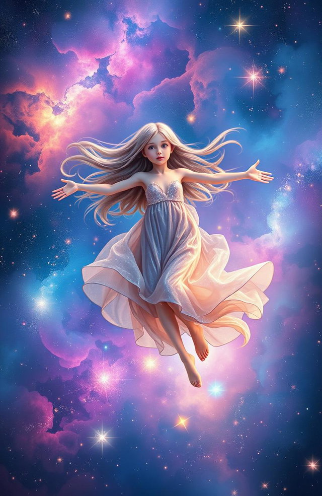 A girl gracefully floating in a colorful galaxy, surrounded by stars and nebulae