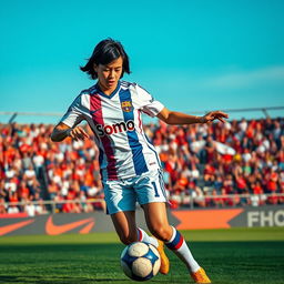 A dynamic scene of a female football player skillfully dribbling a football on a vibrant pitch