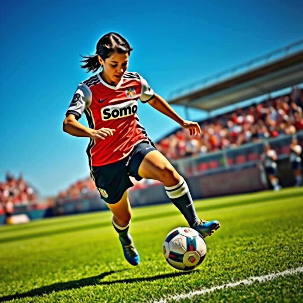 A dynamic scene of a female football player skillfully dribbling a football on a vibrant pitch