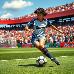 A dynamic scene of a female football player skillfully dribbling a football on a vibrant pitch