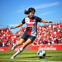 A dynamic scene of a female football player skillfully dribbling a football on a vibrant pitch