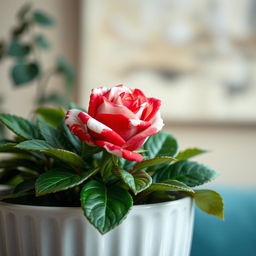 A close-up of a small, vibrant, and slightly mottled red and white rose bud in a light gray, striped planter