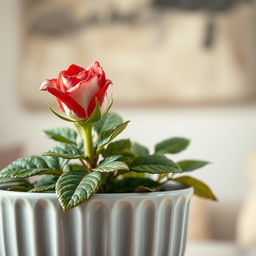 A close-up of a small, vibrant, and slightly mottled red and white rose bud in a light gray, striped planter