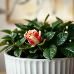A close-up of a small, vibrant, and slightly mottled red and white rose bud in a light gray, striped planter