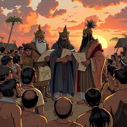 A dramatic negotiation scene between King Bakunawa and the foreign leaders, set against the backdrop of the recovering village of Cambuga