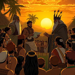 A dramatic negotiation scene between King Bakunawa and the foreign leaders, set against the backdrop of the recovering village of Cambuga