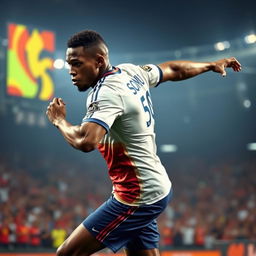 A dynamic action shot of a football player in mid-strike on the field, showcasing an athletic build and skillful movement