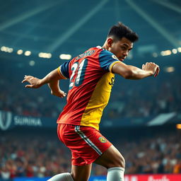 A dynamic action shot of a football player in mid-strike on the field, showcasing an athletic build and skillful movement