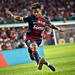 A dynamic action shot of a football player in mid-strike on the field, showcasing an athletic build and skillful movement