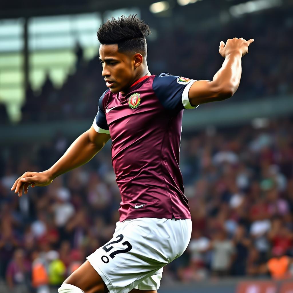 A dynamic action shot of a football player in mid-strike on the field, showcasing an athletic build and skillful movement