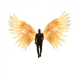 A man's soul depicted as ethereal and glowing, ascending gracefully with majestic wings, all set against a pristine white background