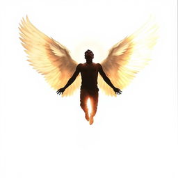 A man's soul depicted as ethereal and glowing, ascending gracefully with majestic wings, all set against a pristine white background
