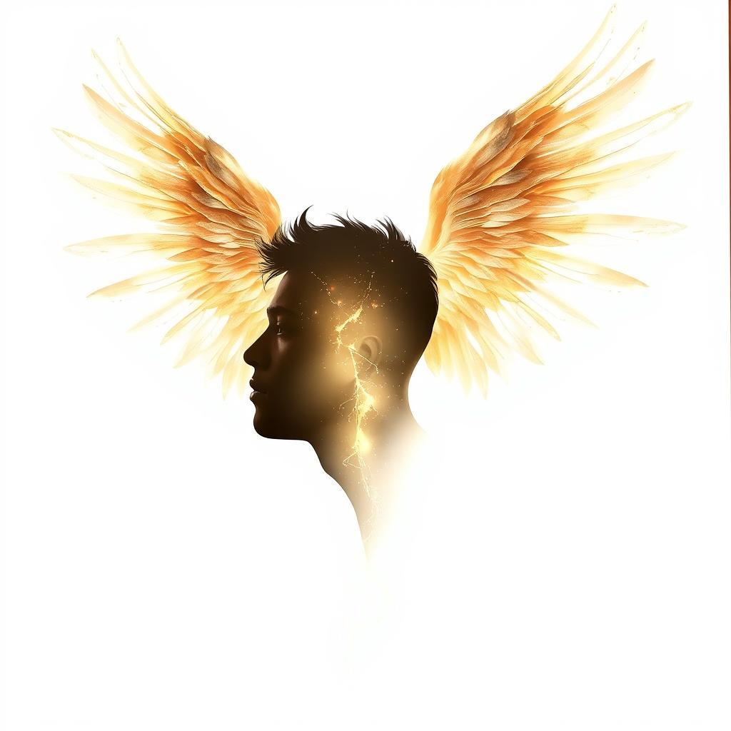 A man's soul depicted as ethereal and glowing, ascending gracefully with majestic wings, all set against a pristine white background