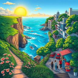 A stunning illustration depicting a serene landscape along a coastal route