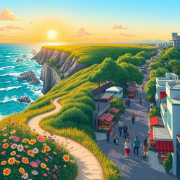 A stunning illustration depicting a serene landscape along a coastal route
