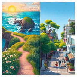 A stunning illustration depicting a serene landscape along a coastal route