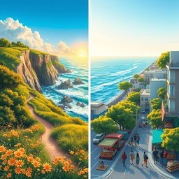 A stunning illustration depicting a serene landscape along a coastal route