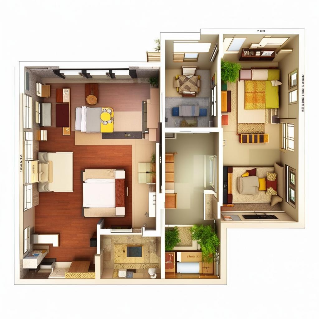 Generate a detailed layout of a building floor with rooms, i.e., bedroom, hall, and kitchen (BHK), designed in a 600 sqft space.