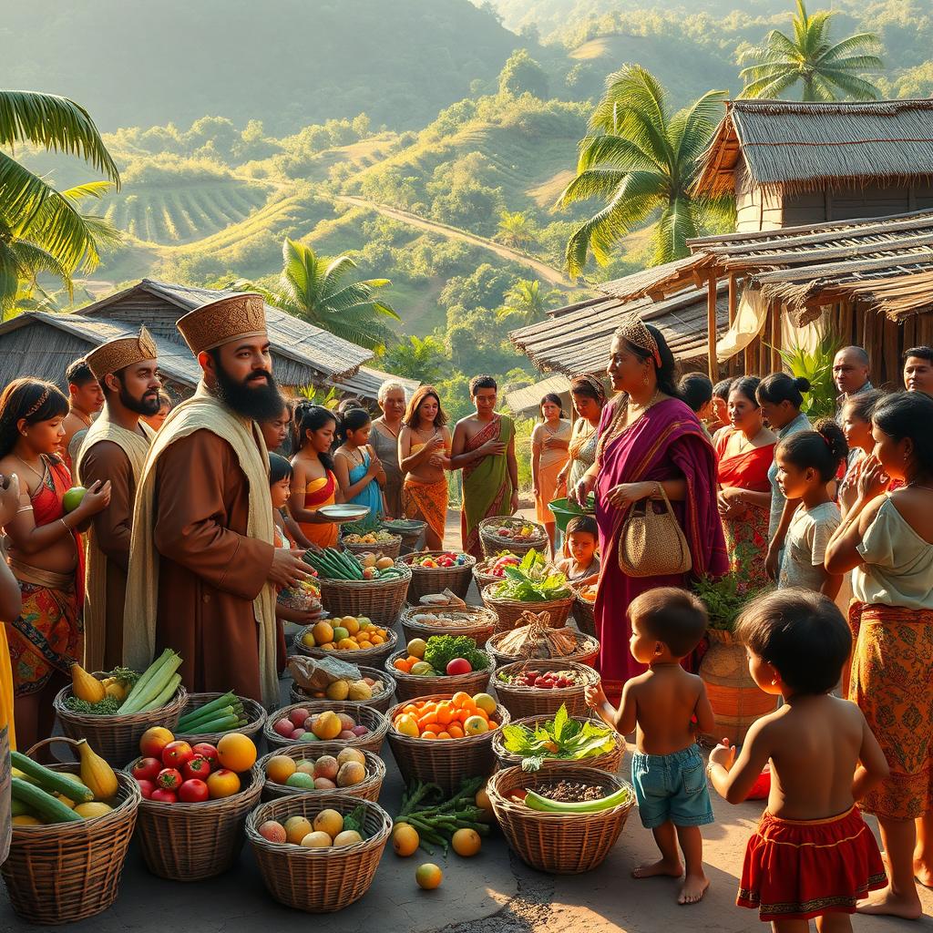 A vibrant trading scene in the recovering village of Cambuga, where the citizens are joyfully presenting their rich and diverse local products as part of the agreement with the foreign invaders