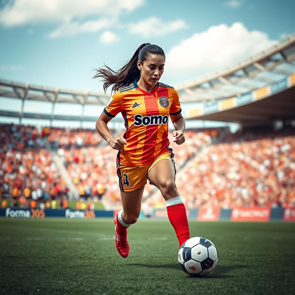 A famous female footballer in action on the pitch, dribbling a football with precision