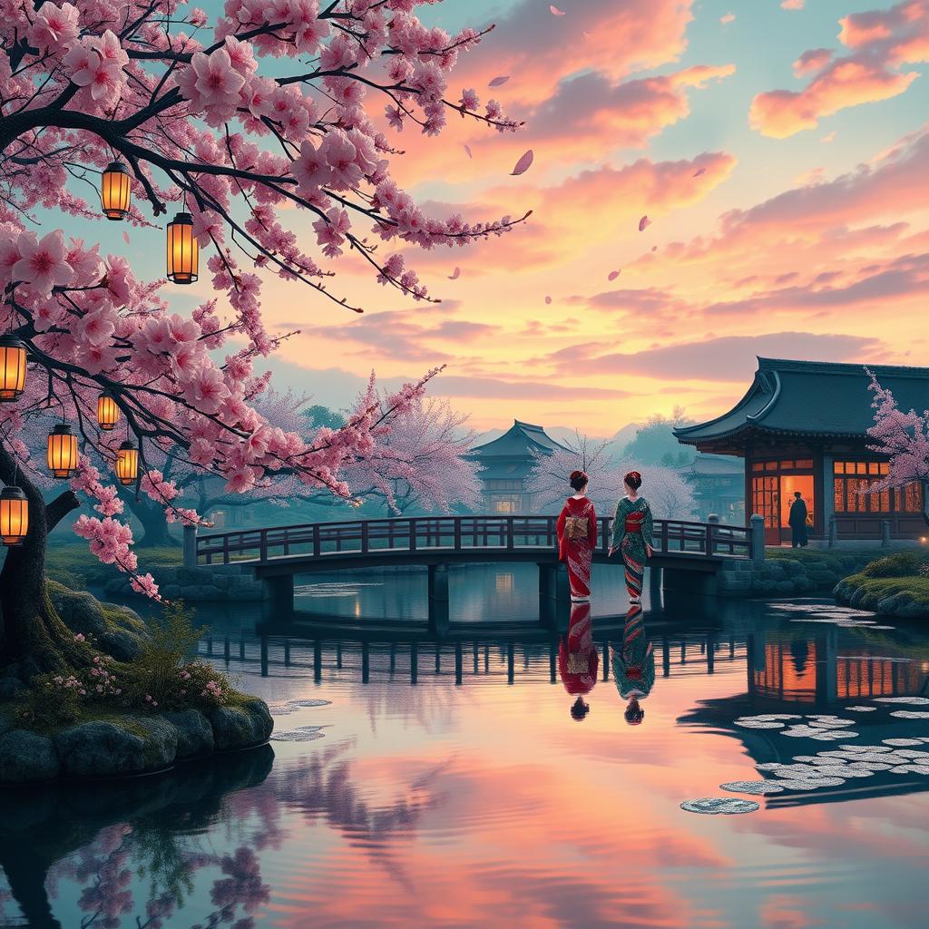 A serene and enchanting view of 'The Floating World', inspired by traditional Japanese Ukiyo-e art