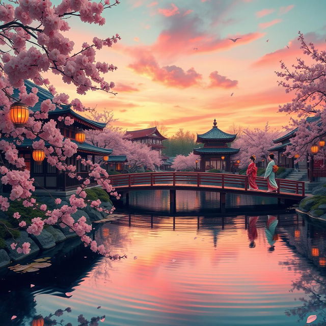 A serene and enchanting view of 'The Floating World', inspired by traditional Japanese Ukiyo-e art