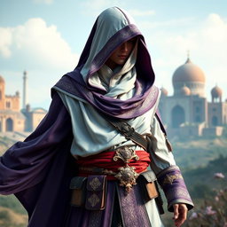 A detailed assassin's creed outfit inspired by Persian themes, featuring a modern design with flowing fabrics and intricate patterns