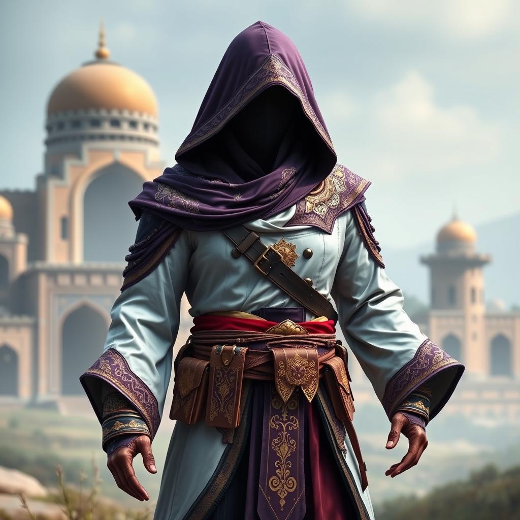 A detailed assassin's creed outfit inspired by Persian themes, featuring a modern design with flowing fabrics and intricate patterns