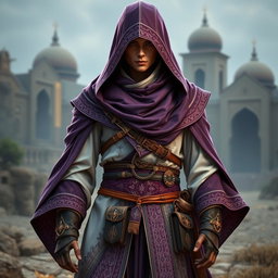 A detailed assassin's creed outfit inspired by Persian themes, featuring a modern design with flowing fabrics and intricate patterns