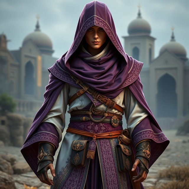 A detailed assassin's creed outfit inspired by Persian themes, featuring a modern design with flowing fabrics and intricate patterns