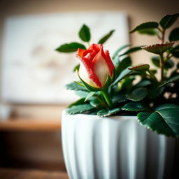 A close-up of a small, vibrant, and slightly mottled red and white rose bud in a planter