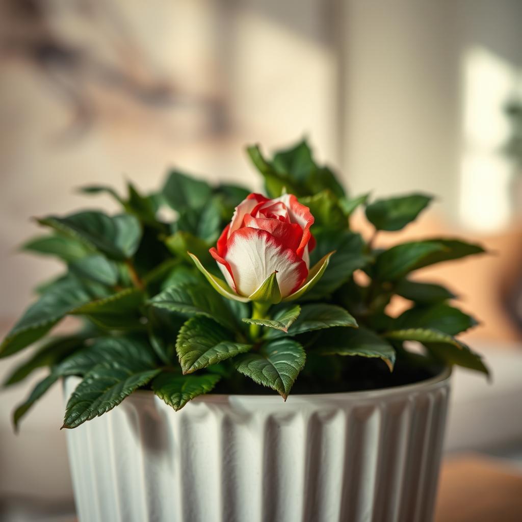A close-up of a small, vibrant, and slightly mottled red and white rose bud in a planter