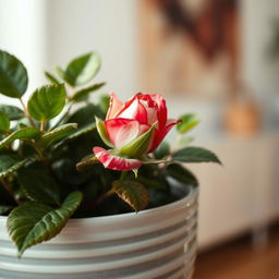 A close-up of a small, vibrant, and slightly mottled red and white rose bud in a planter