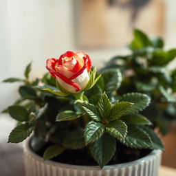 A close-up of a small, vibrant, and slightly mottled red and white rose bud in a planter