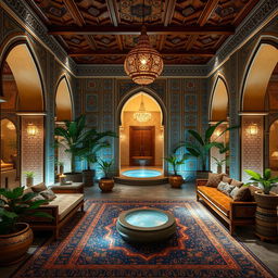 A luxurious spa interior designed with traditional Iranian architecture, featuring intricate tile work, arched doorways, and ornate wooden ceilings