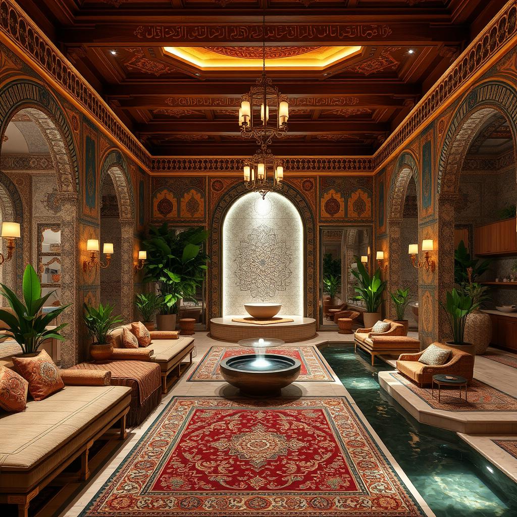 A luxurious spa interior designed with traditional Iranian architecture, featuring intricate tile work, arched doorways, and ornate wooden ceilings