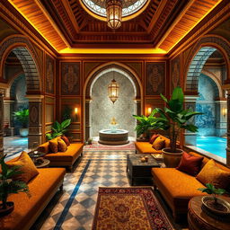 A luxurious spa interior designed with traditional Iranian architecture, featuring intricate tile work, arched doorways, and ornate wooden ceilings