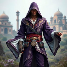 A male assassin's creed outfit inspired by Persian themes, featuring a modern yet traditional design with flowing fabrics and intricate patterns