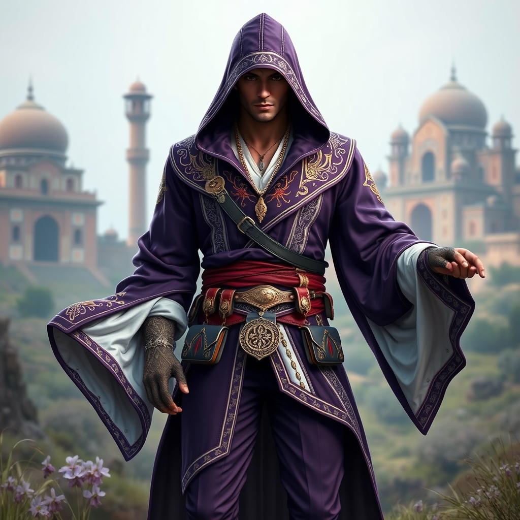 A male assassin's creed outfit inspired by Persian themes, featuring a modern yet traditional design with flowing fabrics and intricate patterns