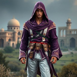A male assassin's creed outfit inspired by Persian themes, featuring a modern yet traditional design with flowing fabrics and intricate patterns