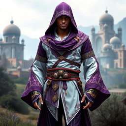 A male assassin's creed outfit inspired by Persian themes, featuring a modern yet traditional design with flowing fabrics and intricate patterns
