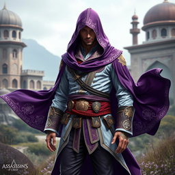 A male assassin's creed outfit inspired by Persian themes, featuring a modern yet traditional design with flowing fabrics and intricate patterns