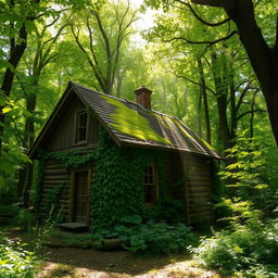 An old, rustic house nestled in the heart of a lush green forest