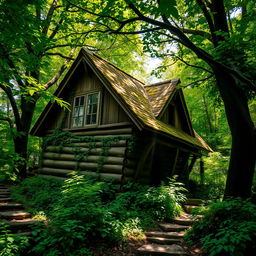 An old, rustic house nestled in the heart of a lush green forest