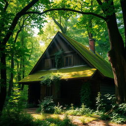 An old, rustic house nestled in the heart of a lush green forest