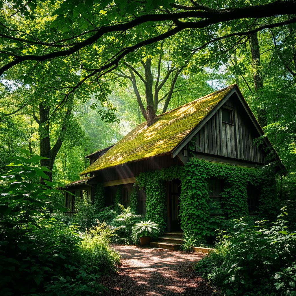 An old, rustic house nestled in the heart of a lush green forest